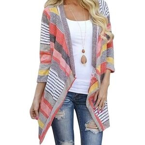 DEARCASE ‎ 3/4 Sleeve Striped Printed Open Front Asymmetrical Cardigan M